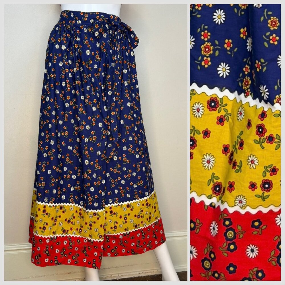 Vintage 1970s Floral Border Print Wrap Maxi Skirt, Size Small, Boho Cottagecore
